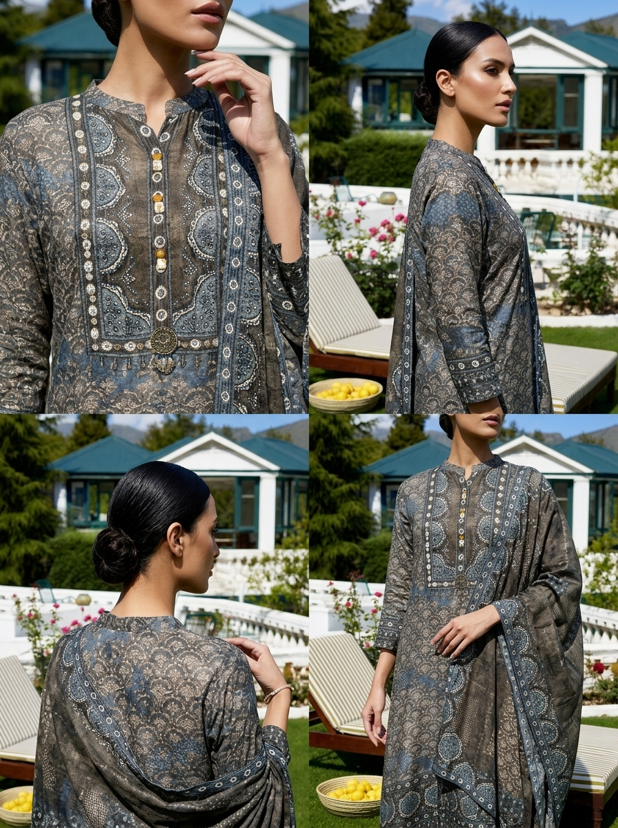 Grey Crepe Ajrakh Printed Three Piece Set