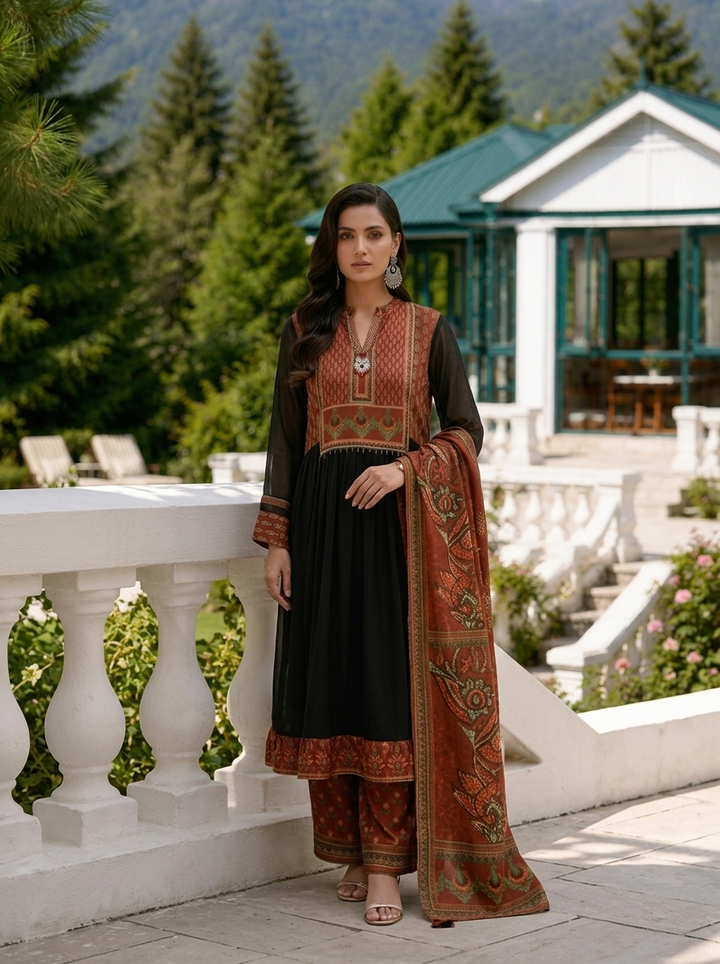 Maroon Georgette Ethnic Motif Printed Three Piece Set