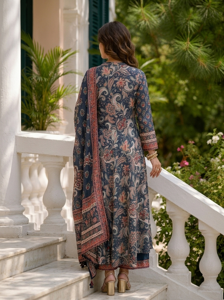 Navy Blue Muslin Floral Printed Three Piece Set