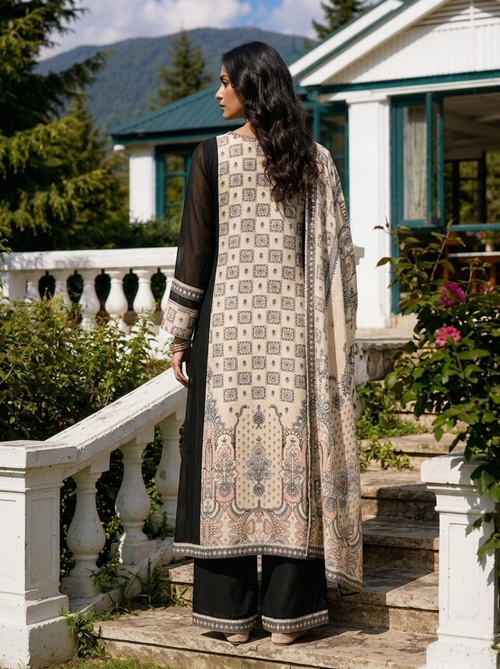 Cream Georgette Mughal Printed Three Piece Set