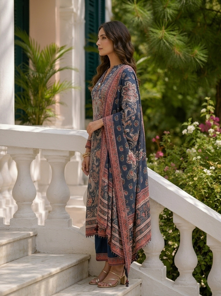 Navy Blue Muslin Floral Printed Three Piece Set
