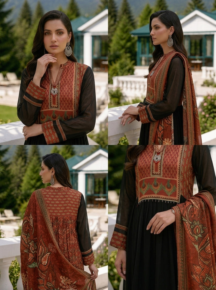 Maroon Georgette Ethnic Motif Printed Three Piece Set