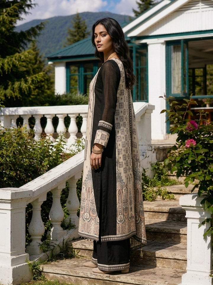 Cream Georgette Mughal Printed Three Piece Set