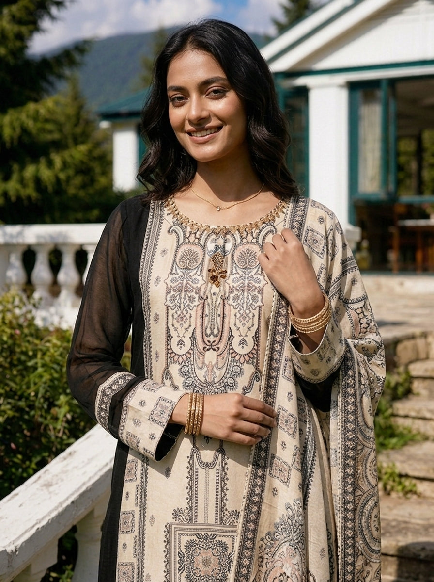 Cream Georgette Mughal Printed Three Piece Set