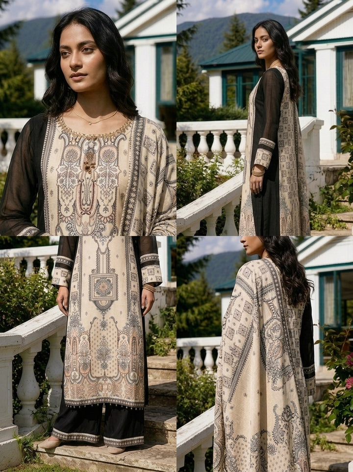 Cream Georgette Mughal Printed Three Piece Set