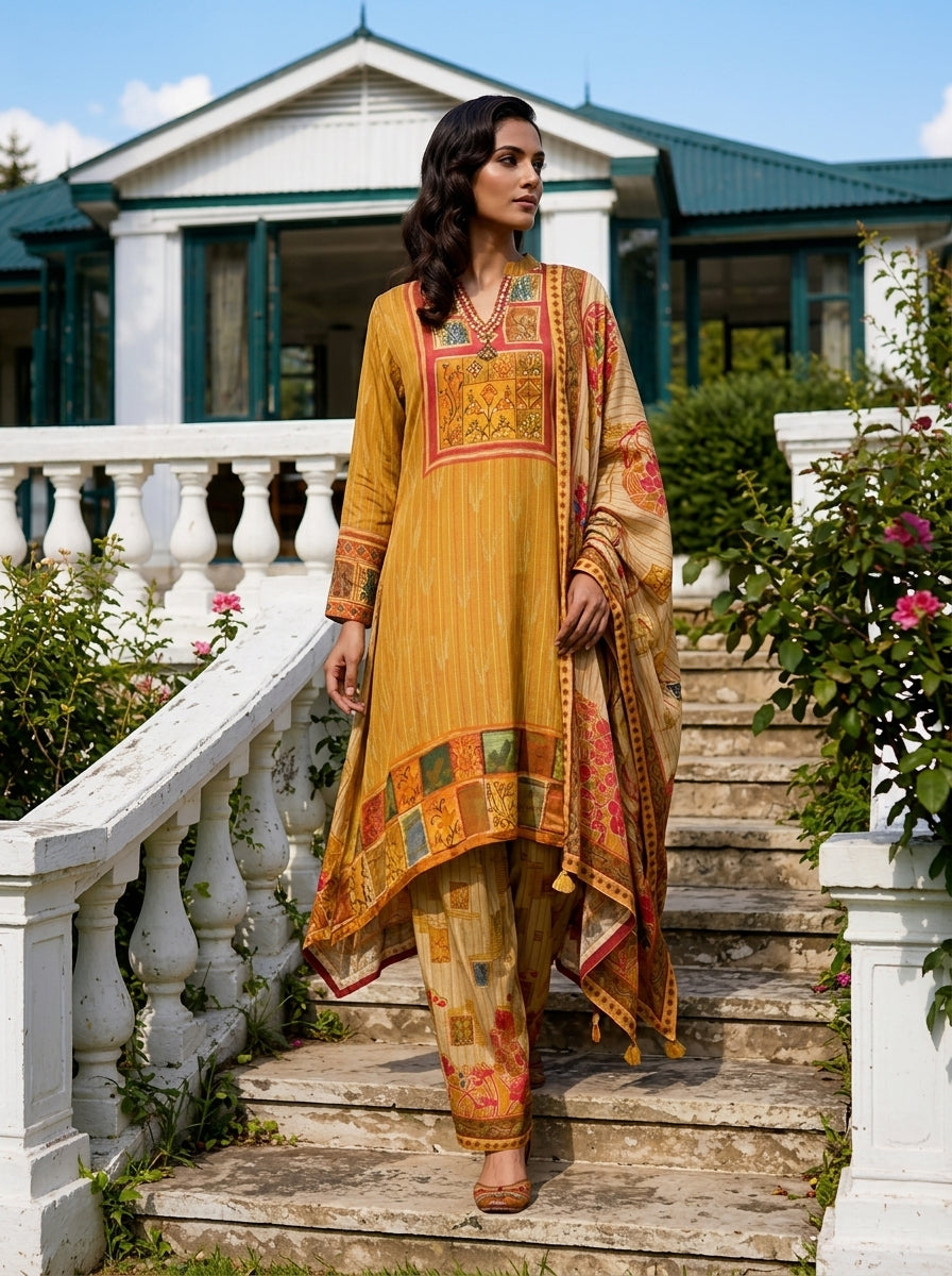 Mustard Crepe Multi Color Block Printed Three Piece Set