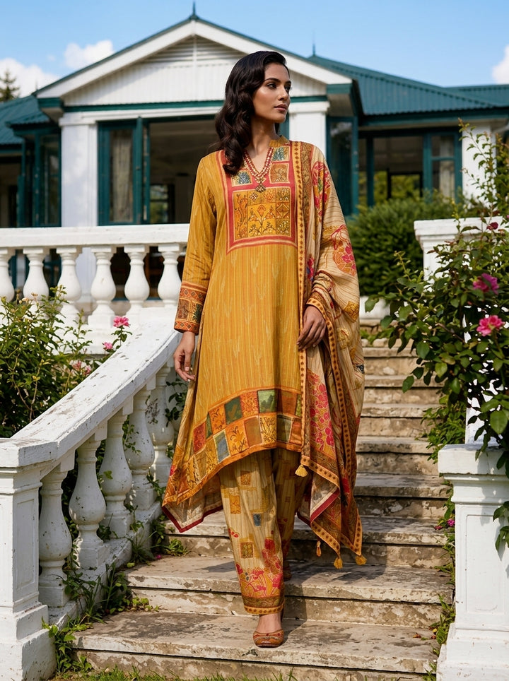 Mustard Crepe Multi Color Block Printed Three Piece Set