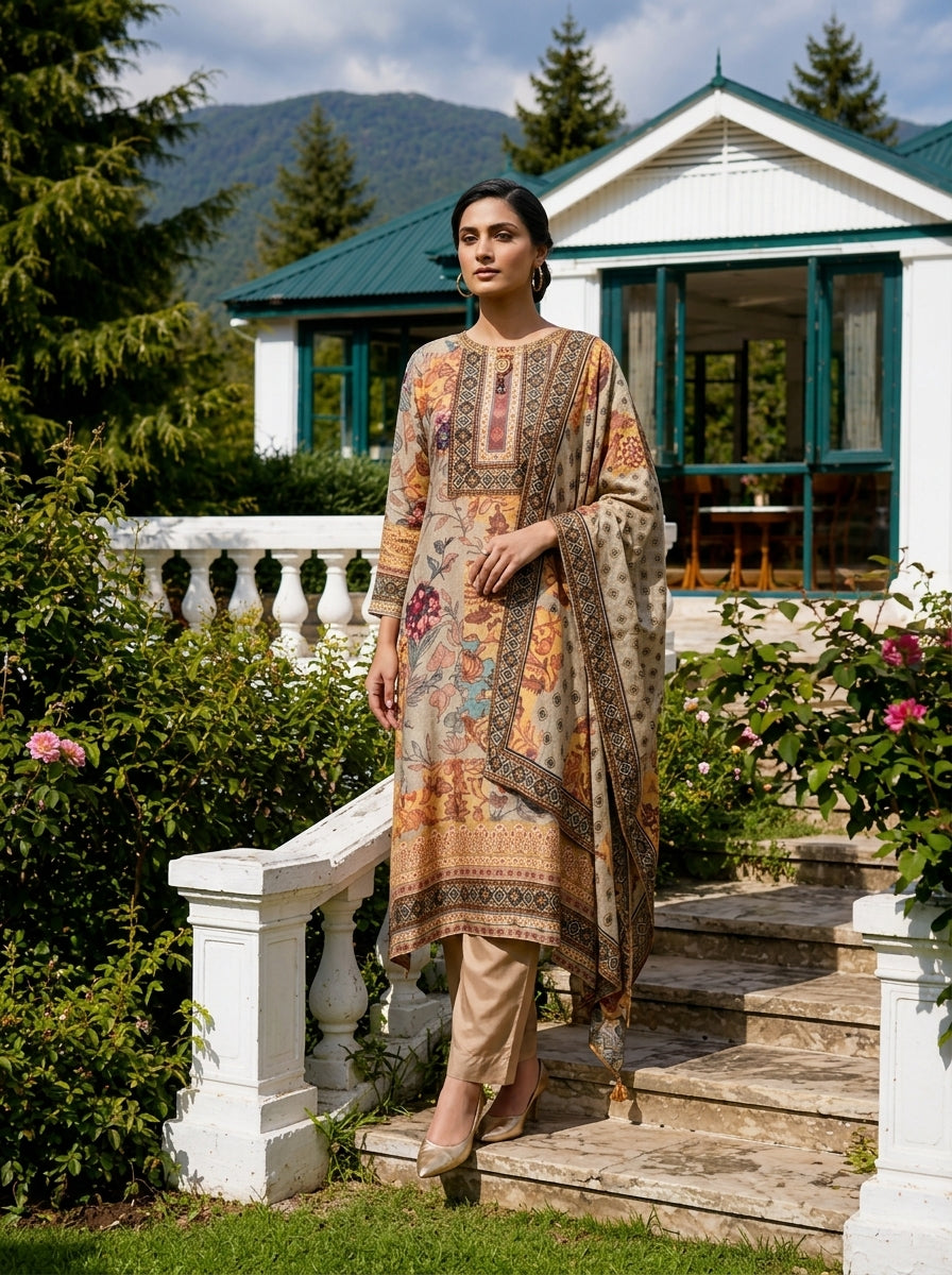 Grey Muslin Floral Printed Three Piece Set