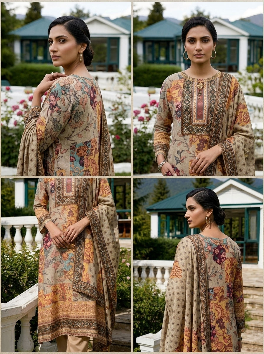 Grey Muslin Floral Printed Three Piece Set