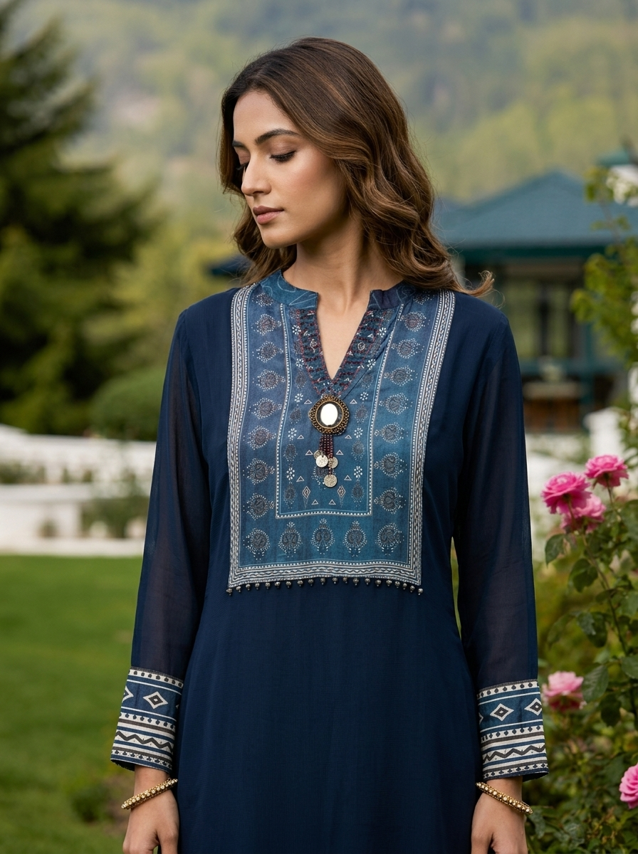 Navy Blue Georgette Floral Printed Three Piece Set