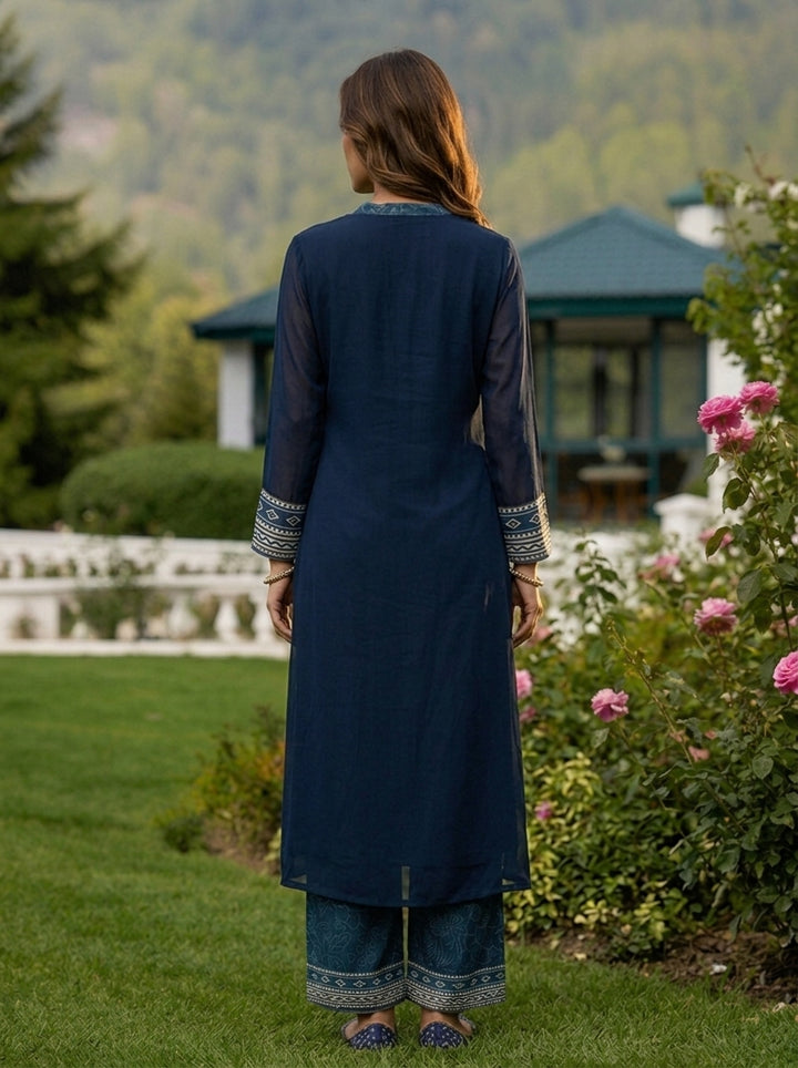 Navy Blue Georgette Floral Printed Three Piece Set