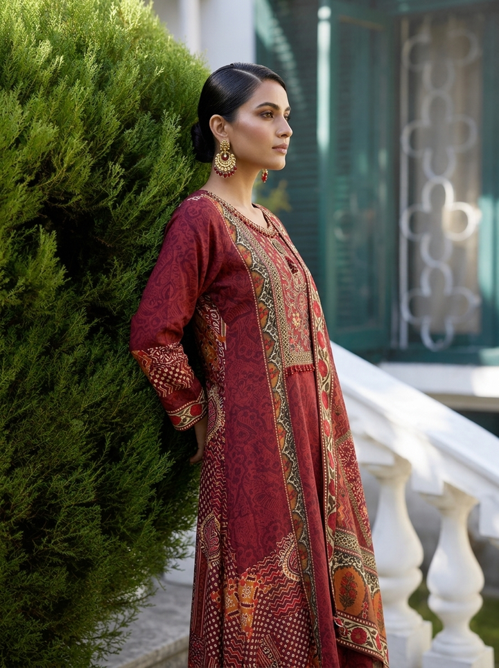 Wine Crepe Ethnic Motif Printed Three Piece Set