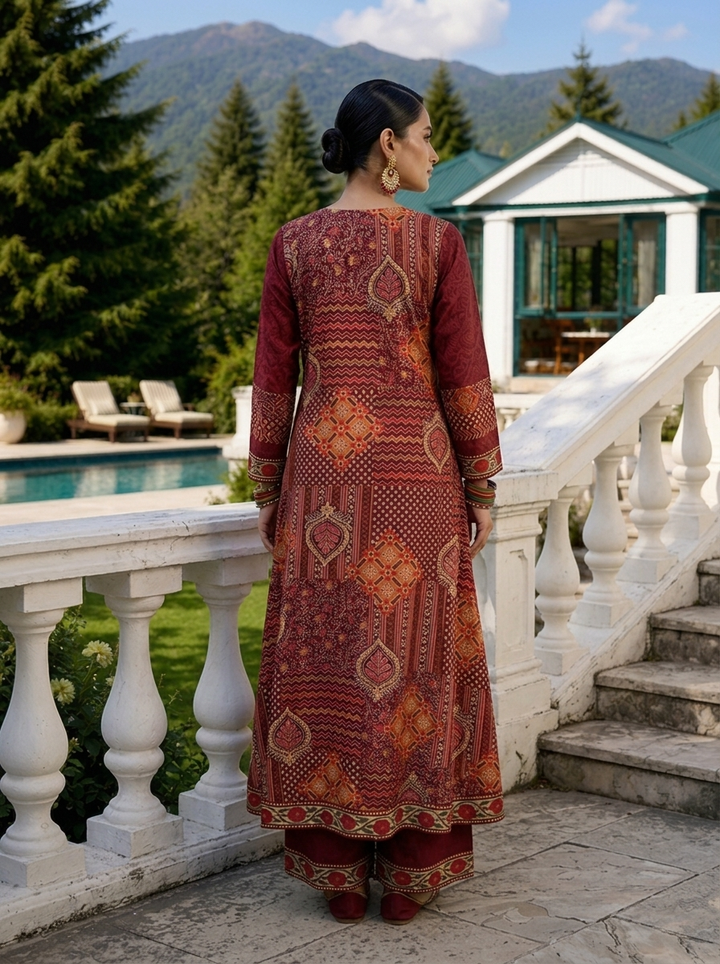 Wine Crepe Ethnic Motif Printed Three Piece Set