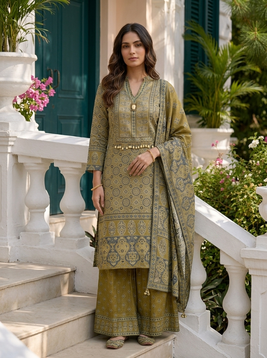 Green Muslin Ajrakh Printed Three Piece Set