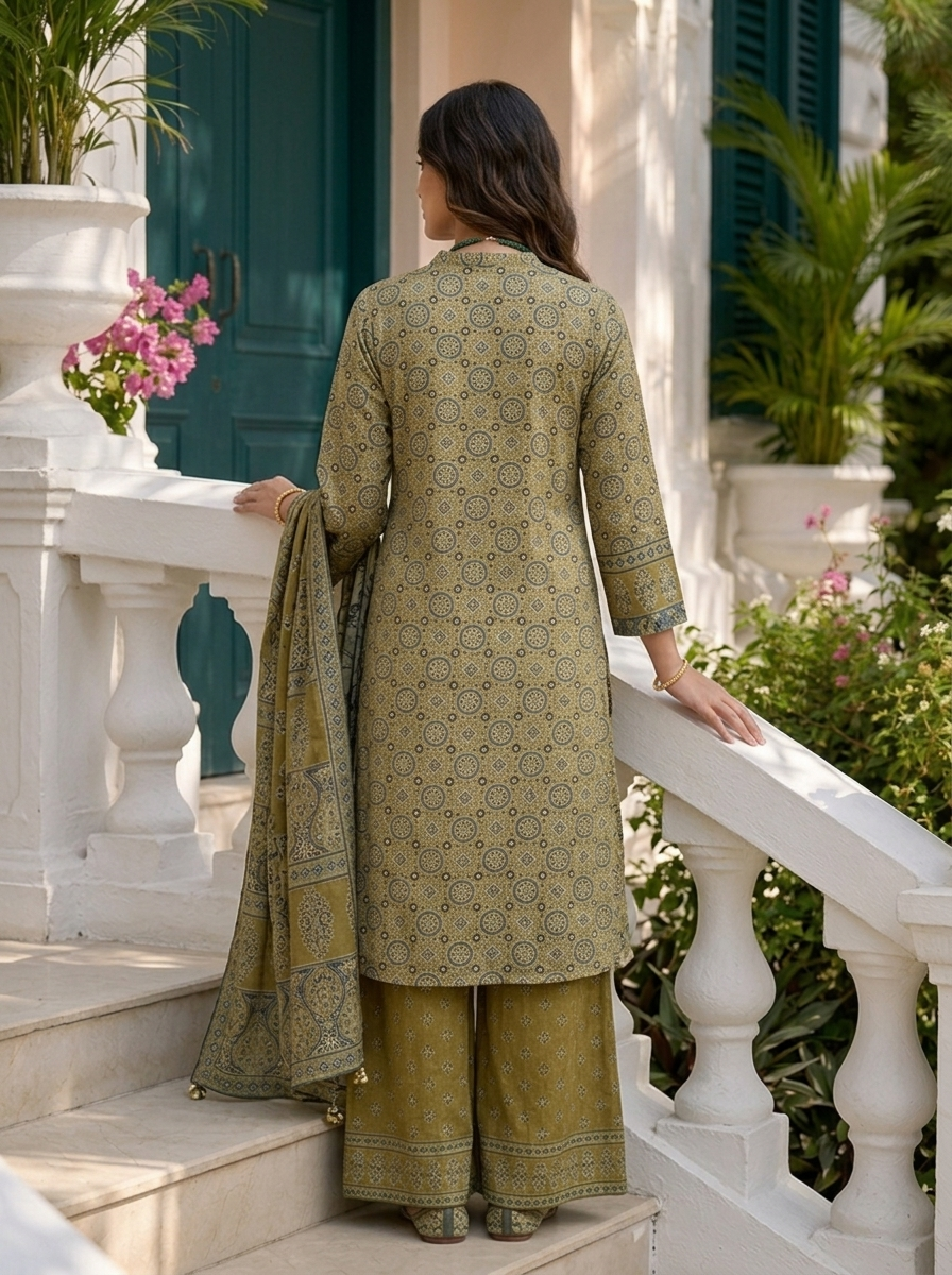 Green Muslin Ajrakh Printed Three Piece Set