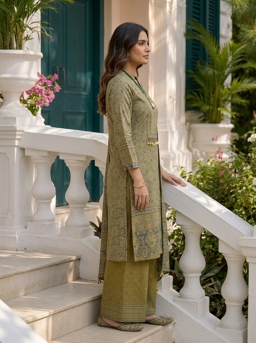 Green Muslin Ajrakh Printed Three Piece Set