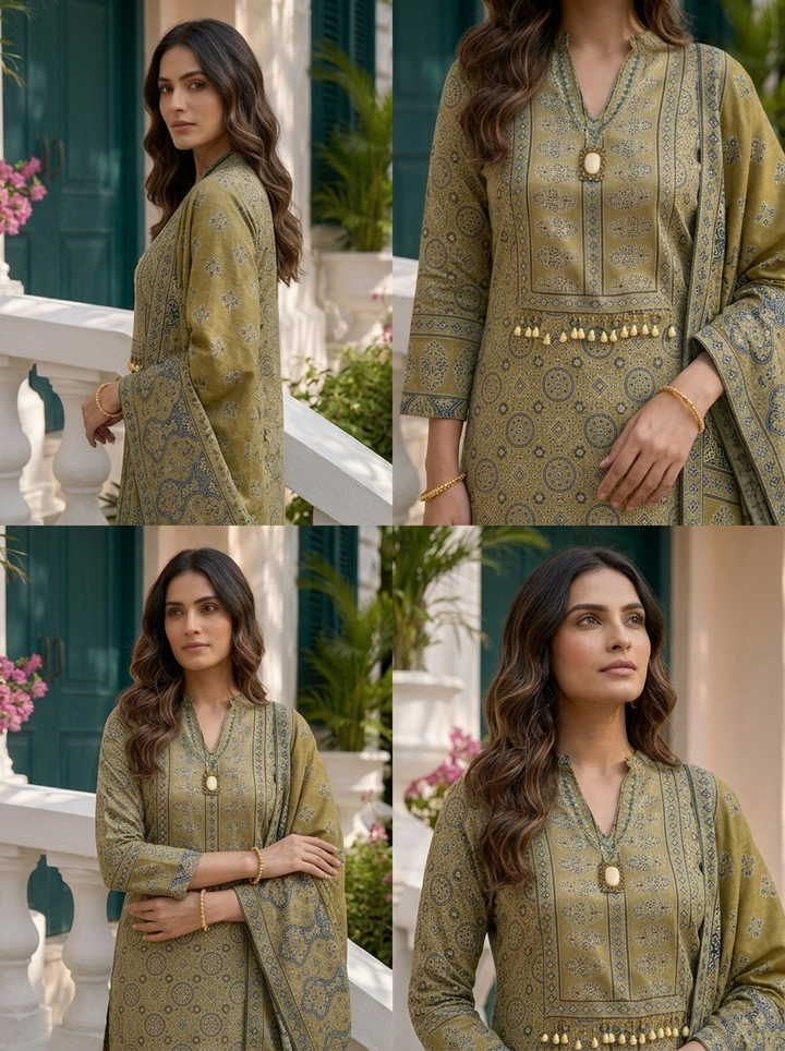Green Muslin Ajrakh Printed Three Piece Set