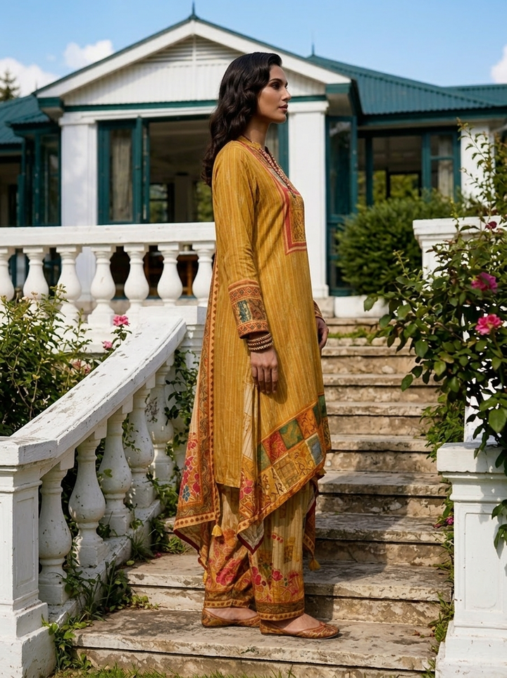 Mustard Crepe Multi Color Block Printed Three Piece Set