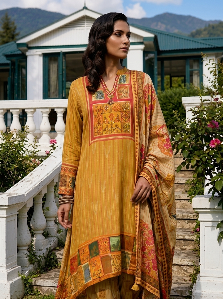 Mustard Crepe Multi Color Block Printed Three Piece Set