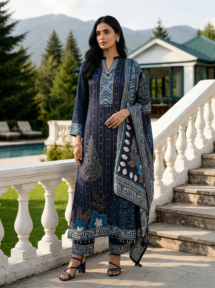 Navy Blue Georgette Paisley Motif Three Piece Set