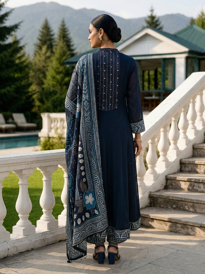 Navy Blue Georgette Paisley Motif Three Piece Set