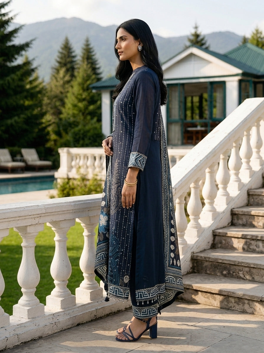 Navy Blue Georgette Paisley Motif Three Piece Set
