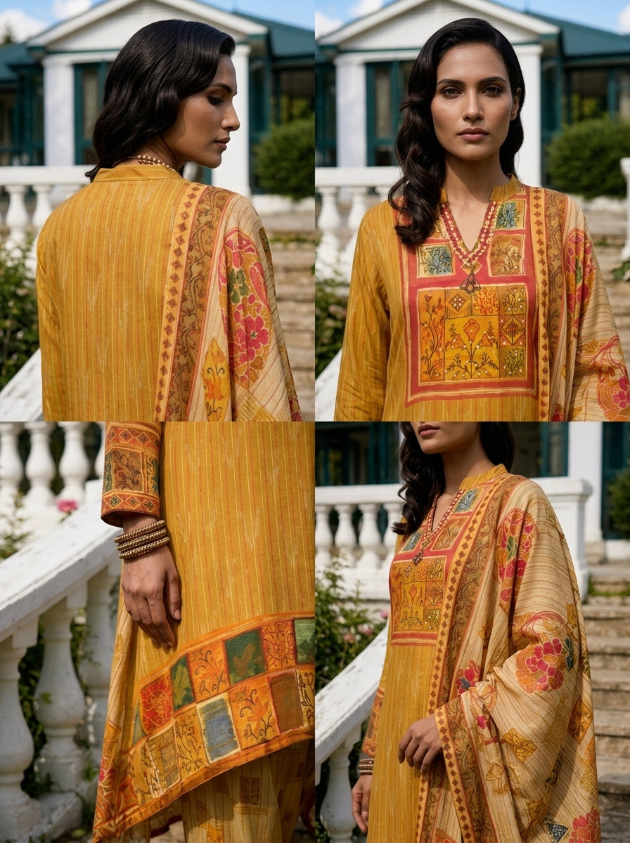 Mustard Crepe Multi Color Block Printed Three Piece Set