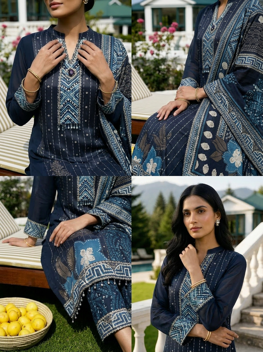 Navy Blue Georgette Paisley Motif Three Piece Set