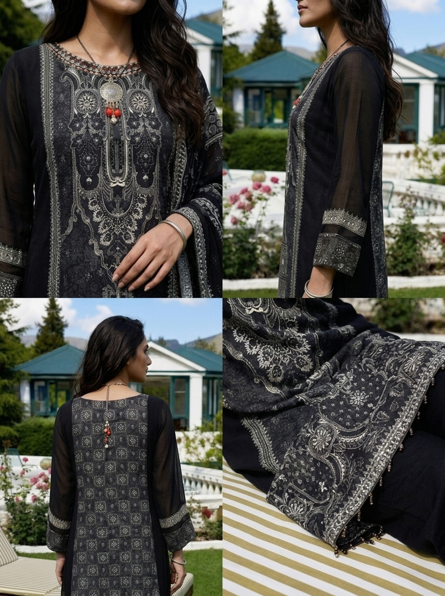 Black Georgette Mughal Printed Three Piece Set