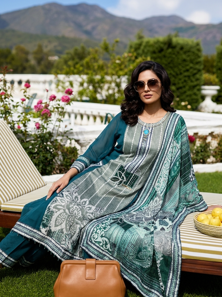 Rama Green Crepe Floral Printed Three Piece Set