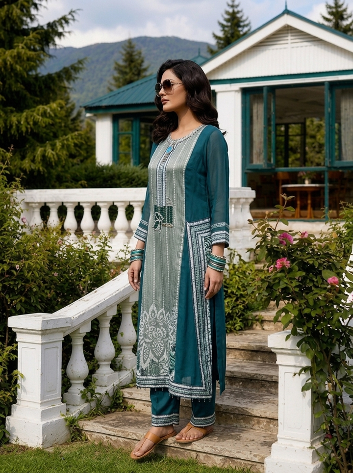 Rama Green Crepe Floral Printed Three Piece Set