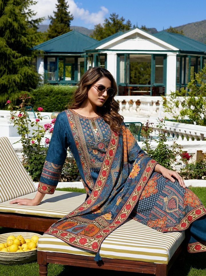 Teal Blue Silk Ethnic Printed Three Piece Set