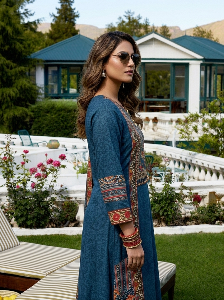 Teal Blue Silk Ethnic Printed Three Piece Set