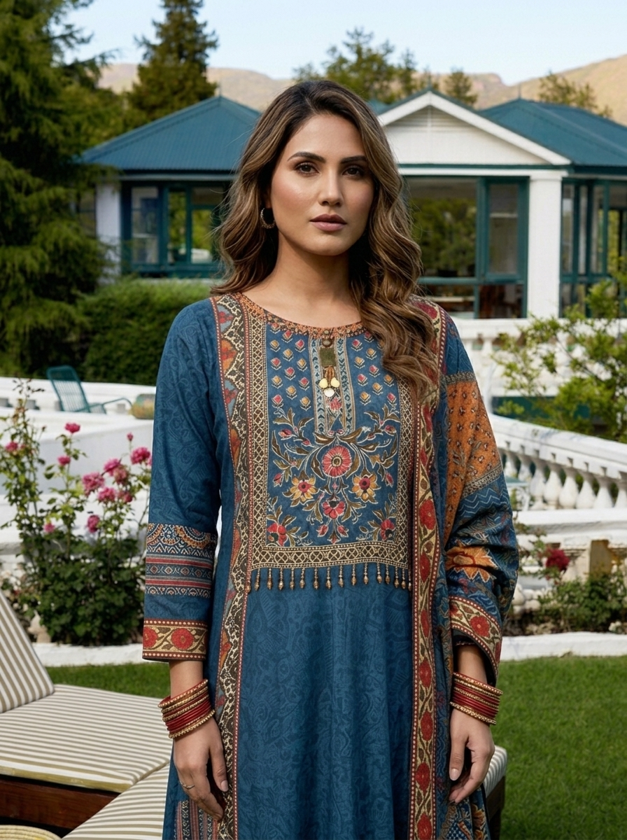 Teal Blue Silk Ethnic Printed Three Piece Set