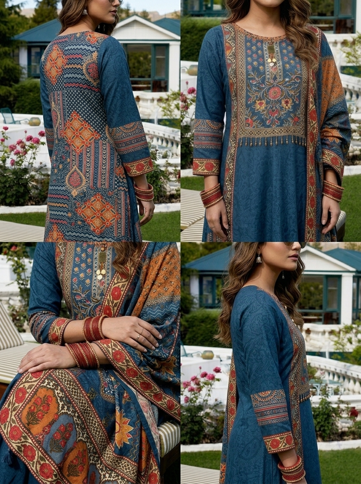 Teal Blue Silk Ethnic Printed Three Piece Set
