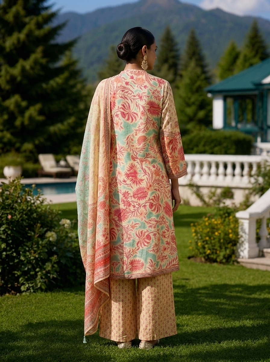 Cream Muslin Floral Printed Three Piece Set