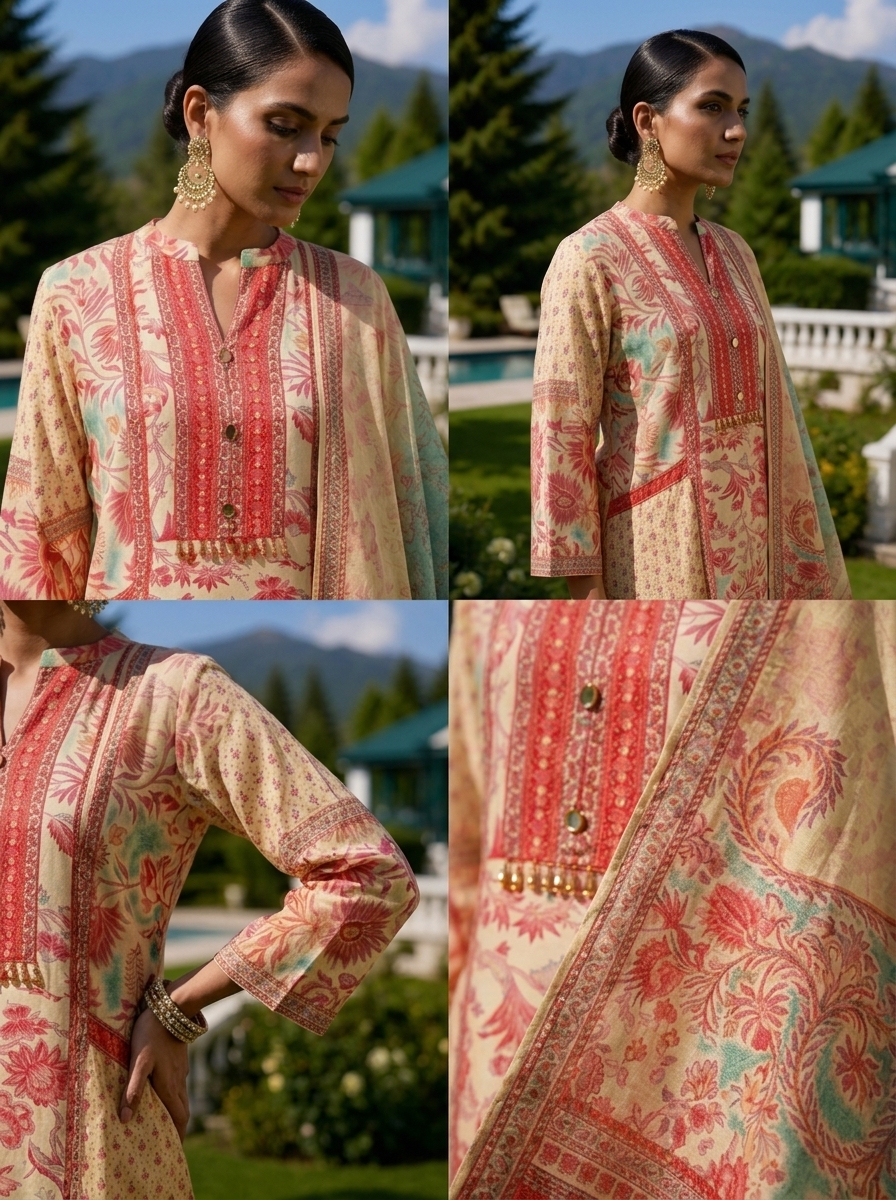 Cream Muslin Floral Printed Three Piece Set