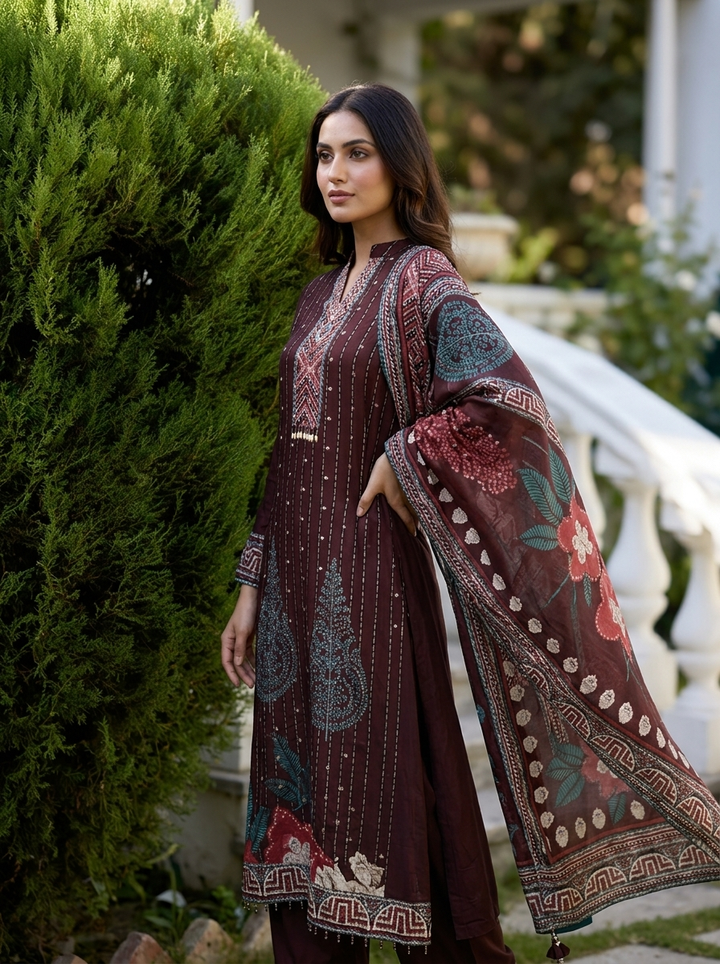 Choclate Georgette Paisley Motif Three Piece Set