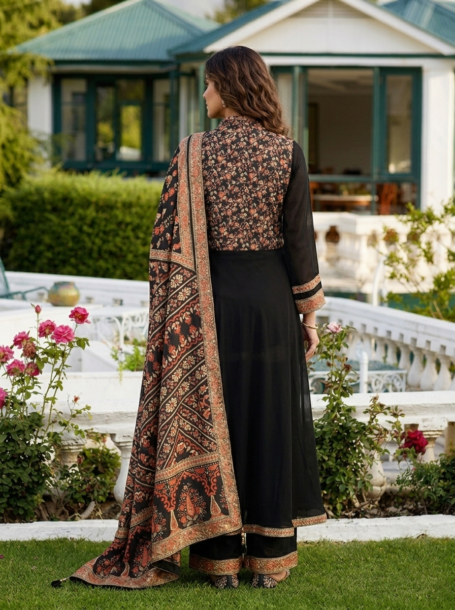 Black Georgette Floral Printed Three Piece Set