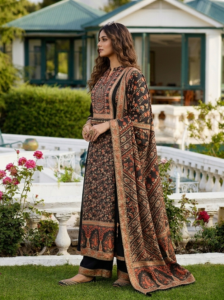 Black Georgette Floral Printed Three Piece Set