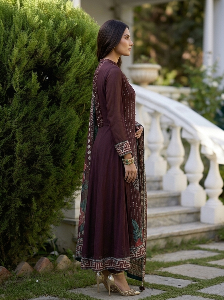 Choclate Georgette Paisley Motif Three Piece Set