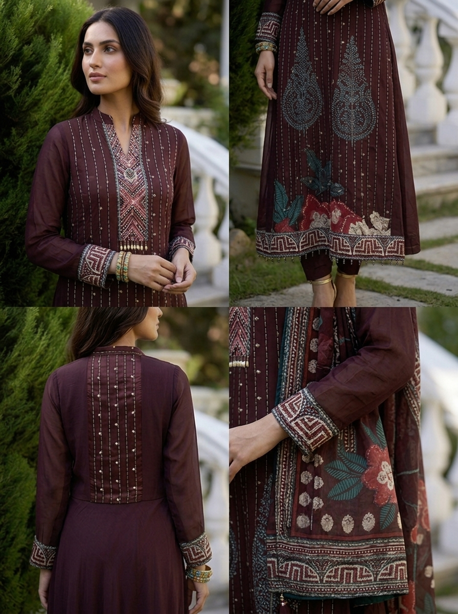 Choclate Georgette Paisley Motif Three Piece Set