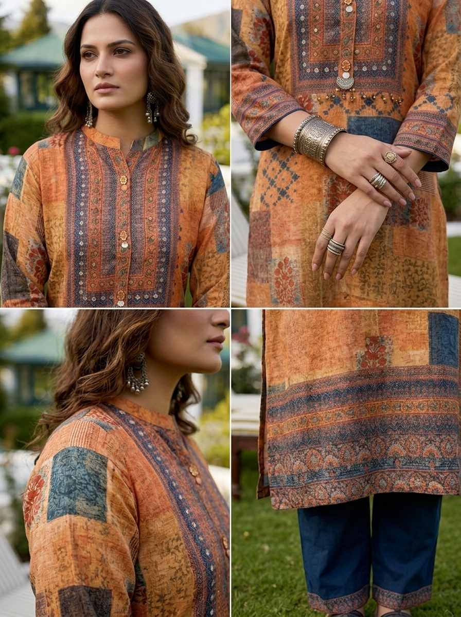 Orange Crepe Patch Printed Three Piece Set