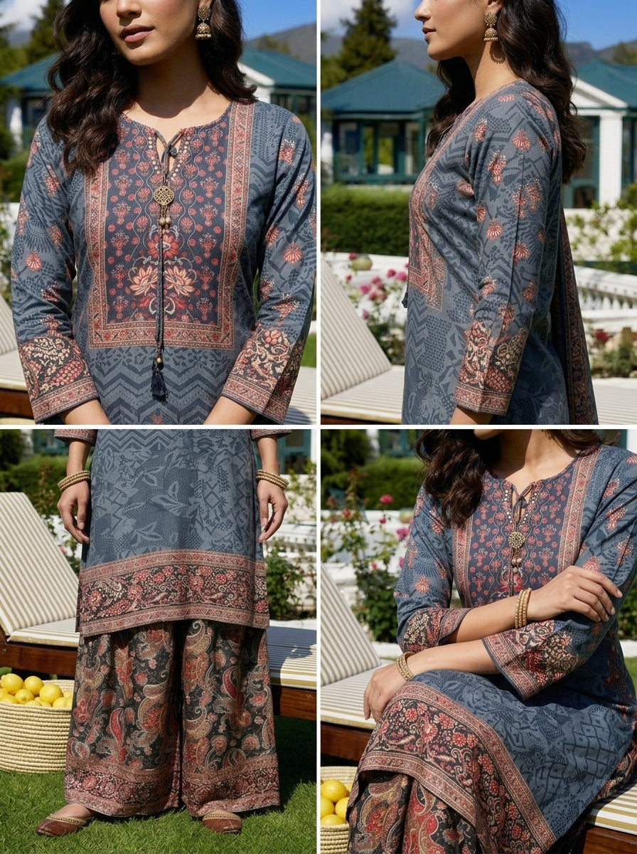 Grey Crepe Ethnic Motif Printed Three Piece Set