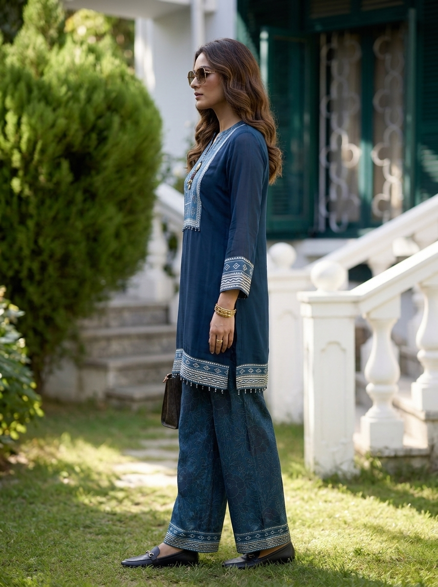 Navy Blue Georgette Ethnic Printed Two Piece Set