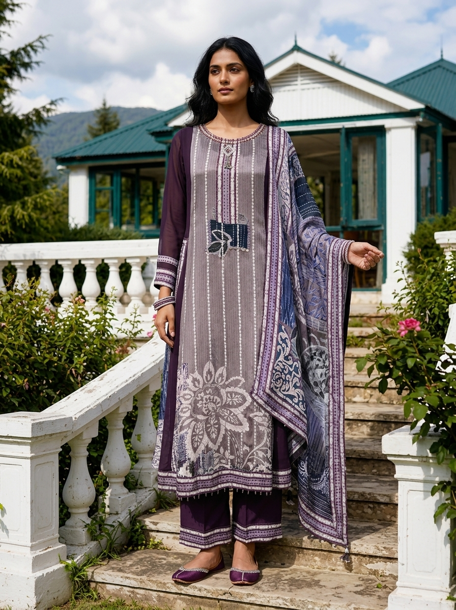 Purple Crepe Floral Printed Three Piece Set