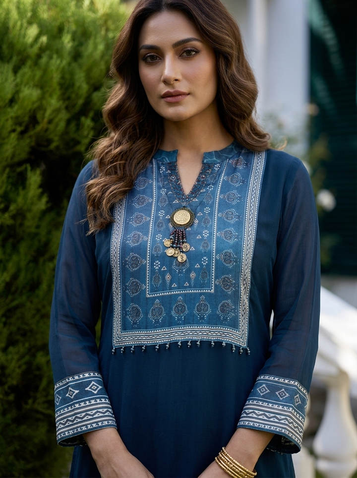 Navy Blue Georgette Ethnic Printed Two Piece Set