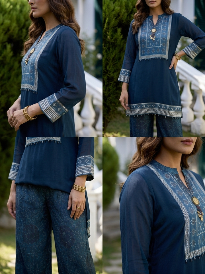 Navy Blue Georgette Ethnic Printed Two Piece Set