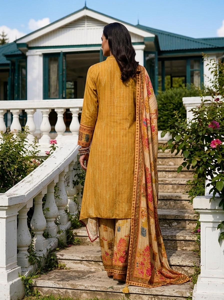 Mustard Crepe Multi Color Block Printed Three Piece Set