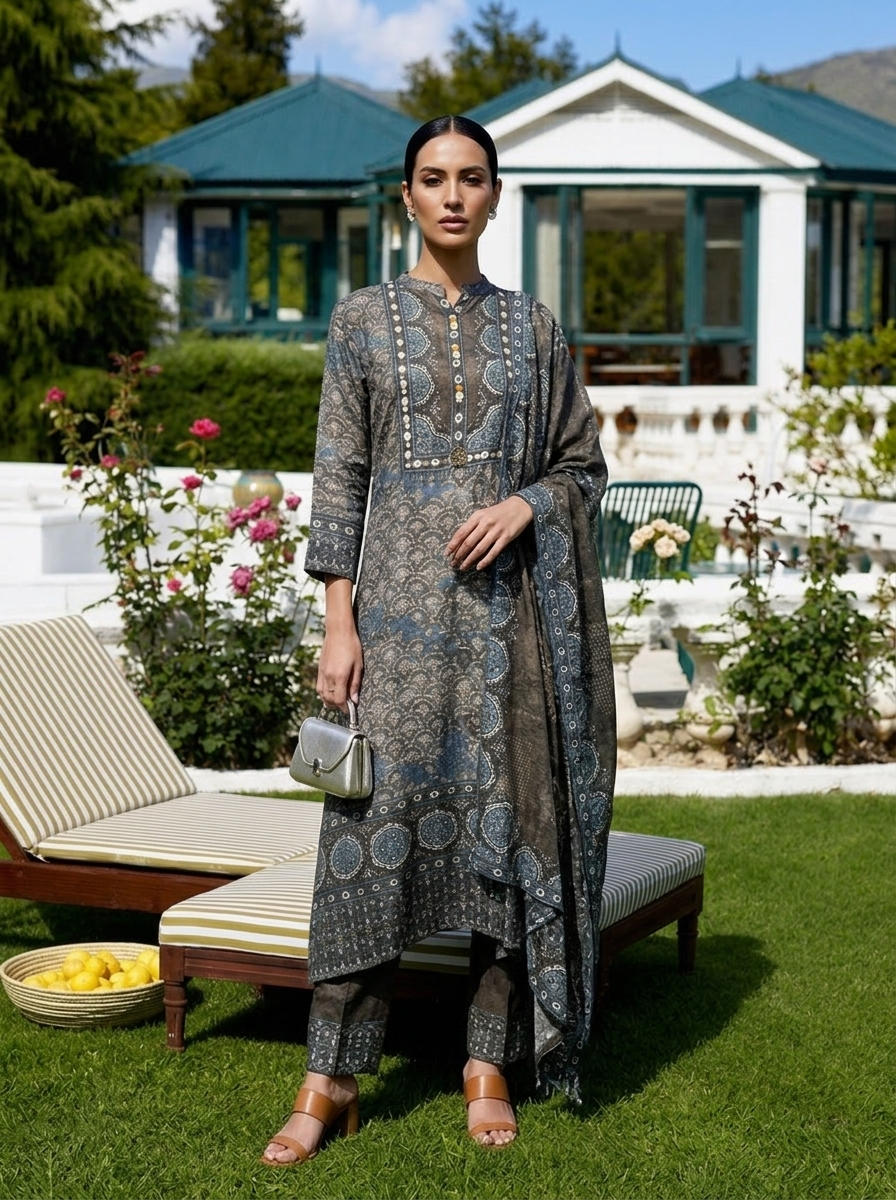 Grey Crepe Ajrakh Printed Three Piece Set